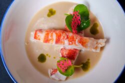 Sous vide butter-poached lobster tail with lobster bisque mousse — private chef Phuket